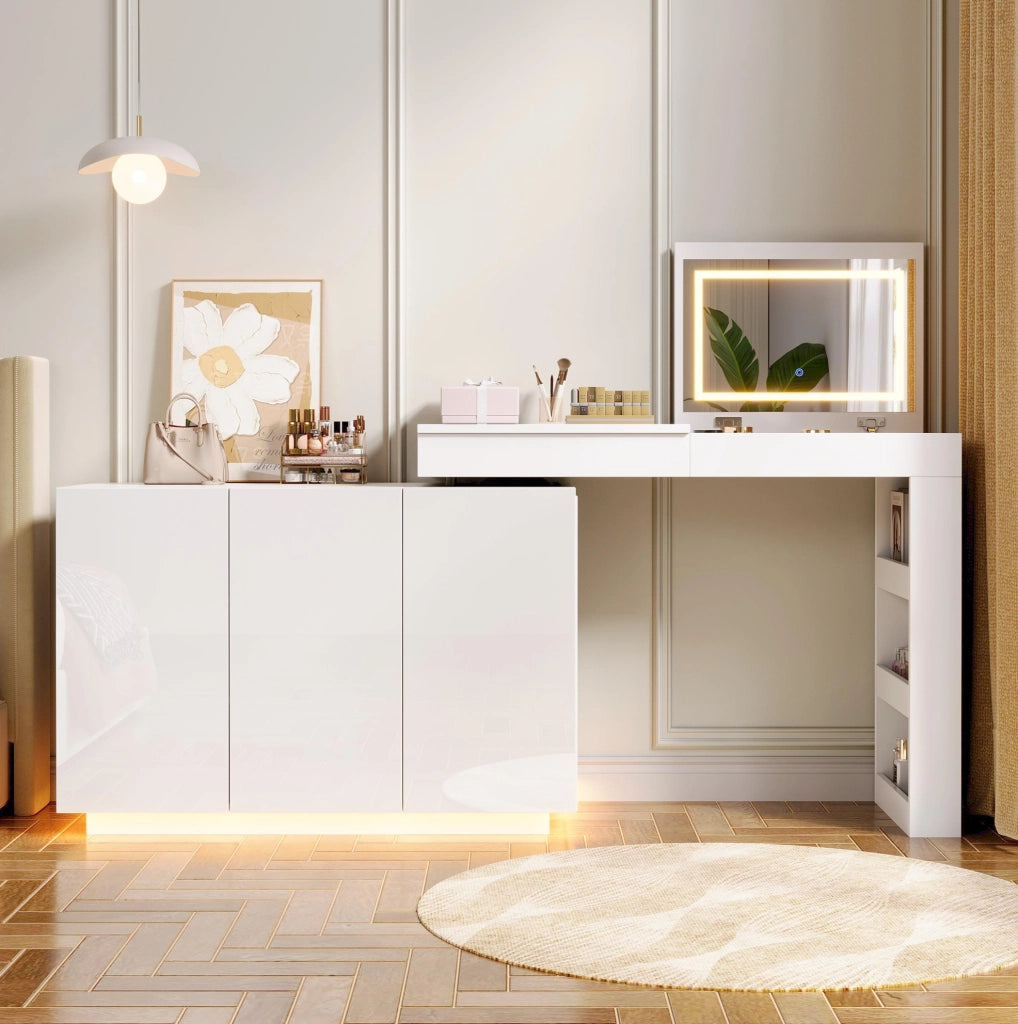 Tavolo da trucco L girevole con specchio LED e vano contenitore