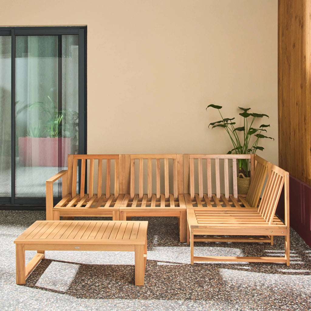 Salotto da giardino modulare in legno di acacia e tessuto beige, 4