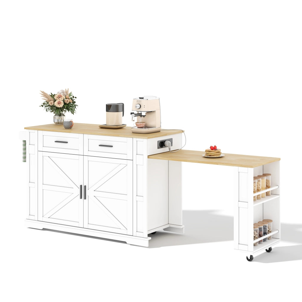 Isola da cucina mobile con piano estraibile, 2 cassetti, mobile con anta doppia, ripiano regolabile, presa integrata e 7 ruote
