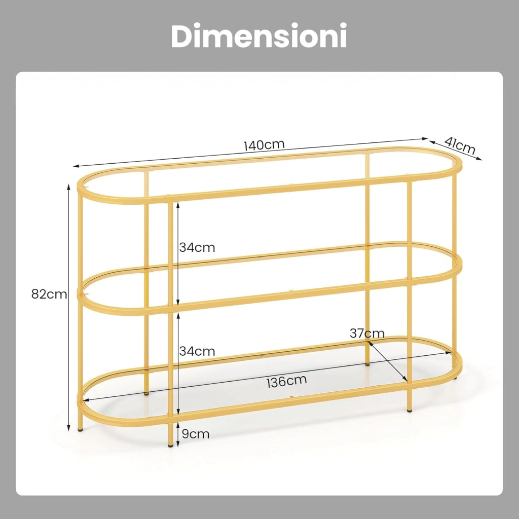 Mobile Porta TV fino a 65’’, Tavolo Consolle TV con 3 Ripiani in Vetro Temperato, Supporto TV con Struttura in Metallo, per Soggiorno, Camera da Letto