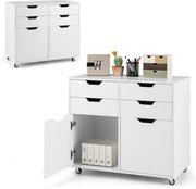 Raccoglitore mobile con 5 ruote, cassettiera con 4 cassetti e 2 armadi con porte, supporto per stampante in legno, mobile di stoccaggio per ufficio, soggiorno