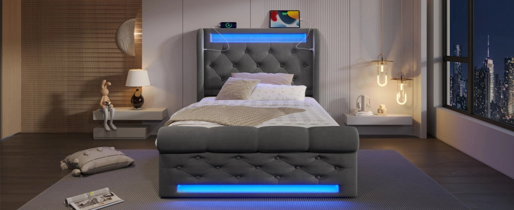 DESMIU Letto contenitore 90 × 200 cm 1 posto con LED, USB, Type-C e contenitore, senza materasso, velluto grigio