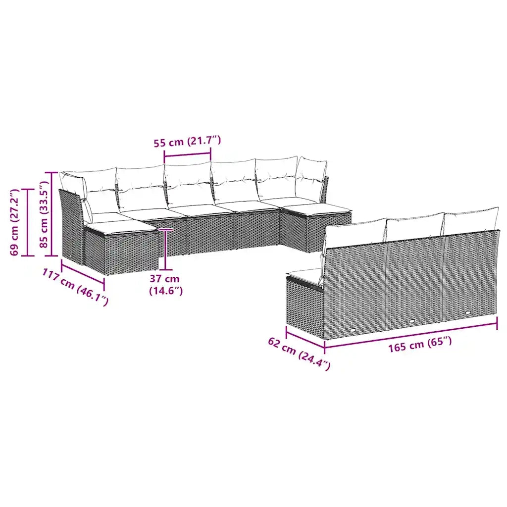 Set Divano Giardino 10 pz con Cuscini Grigio Chiaro Polyrattan