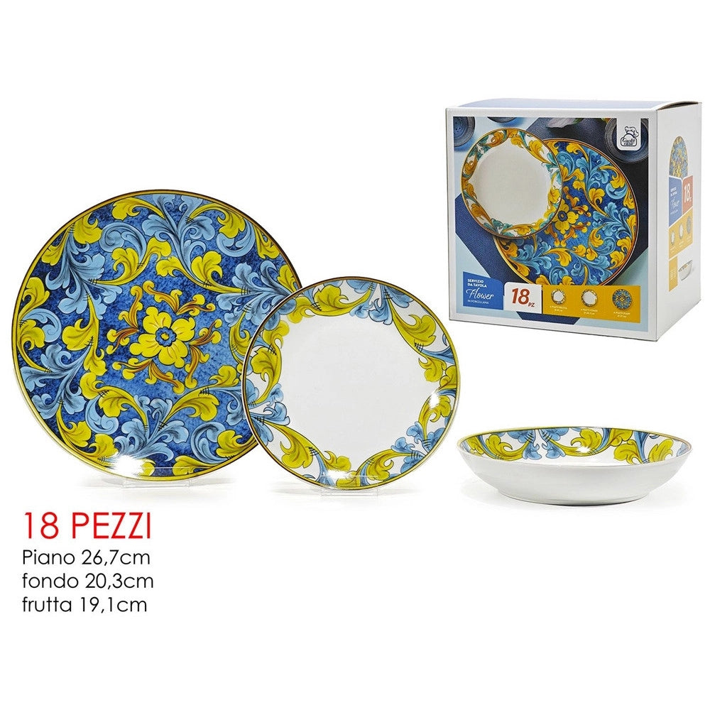 Trade Shop - Set Servizio Di Piatti In Porcellana 18pz Decorazione Floreali In Stile Maiolica Da Tavola -