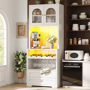 Credenza alta con ante in vetro curve, LED e ripiani regolabili, per cucina e soggiorno, bianco, 70 × 40 × 180 cm