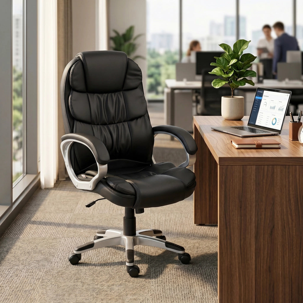 Sedia Ufficio Ergonomica Girevole in Pelle ¨C Zephmum ¨C Nero, Altezza Regolabile