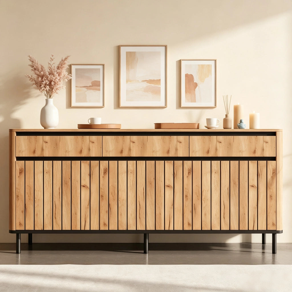 Credenza e madia con 3 cassetti e 3 ante a lamelle, per soggiorno e ingresso, in MDF naturale 160 × 40 × 73 cm