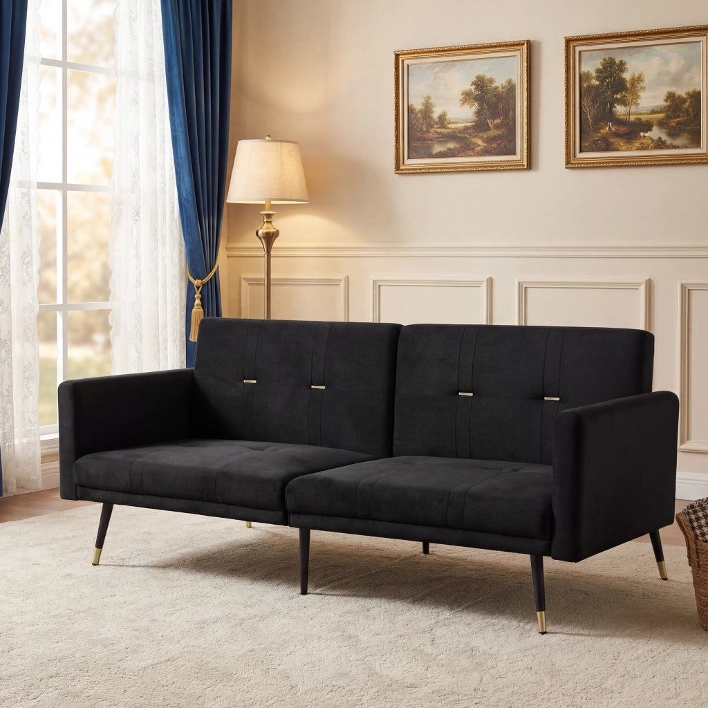 Divano letto 2 posti convertibile con schienali regolabili indipendenti in 5 posizioni velluto nero 164 × 89 × 70 cm