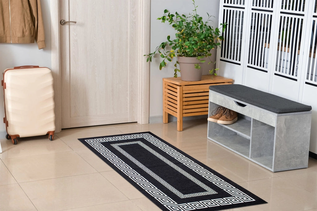 Tappeto Arredo Moderno Morbido in Ciniglia Ingresso Antiscivolo Prodotto Italiano  Soggiorno Camera Salotto Disegni Piazzati Cotone Varie Misure Grande Atena/Nerobianco - 65x115 cm