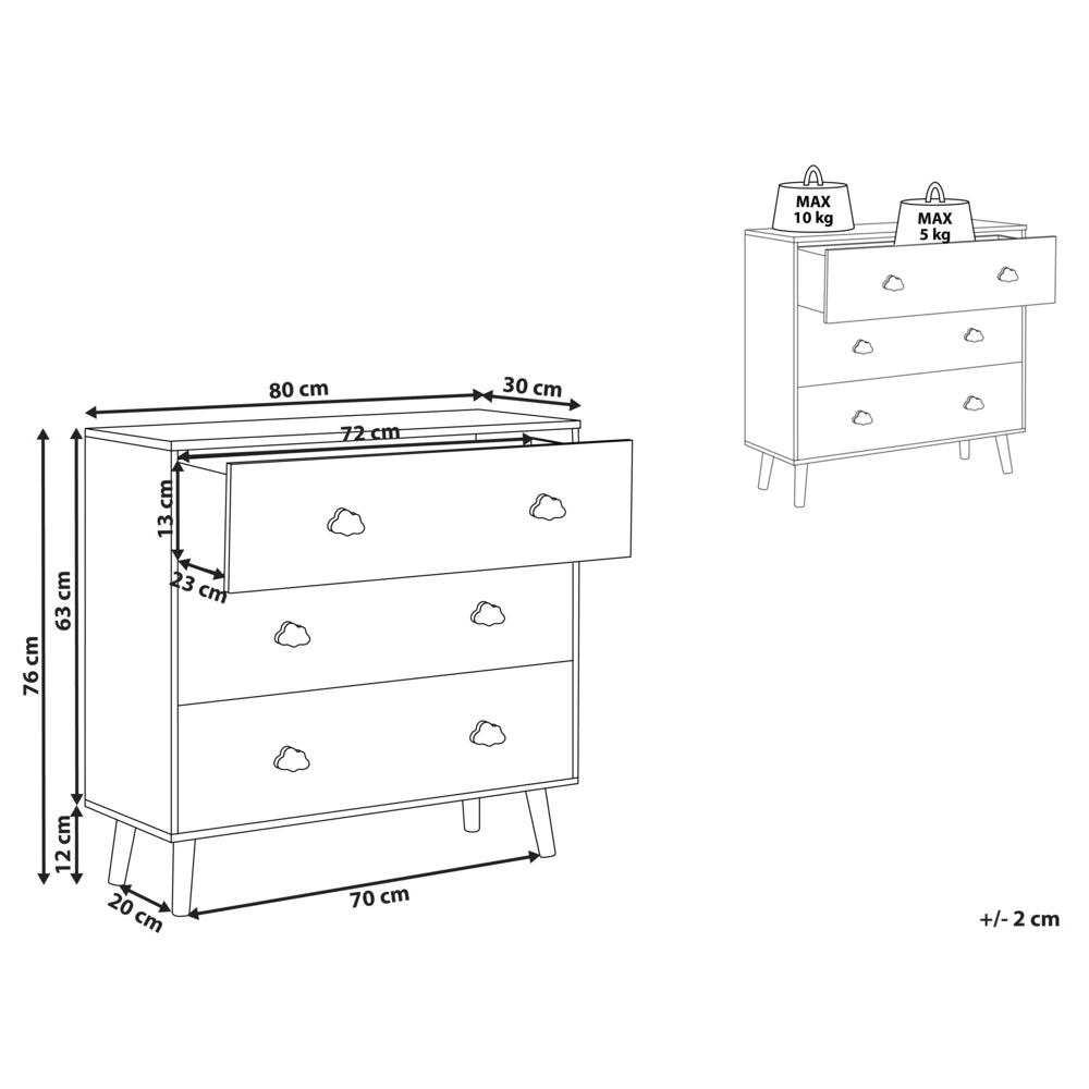 Cassettiera a 3 cassetti in MDF bianco Gambe in legno di pino Maniglie a forma di nuvola Camera dei bambini