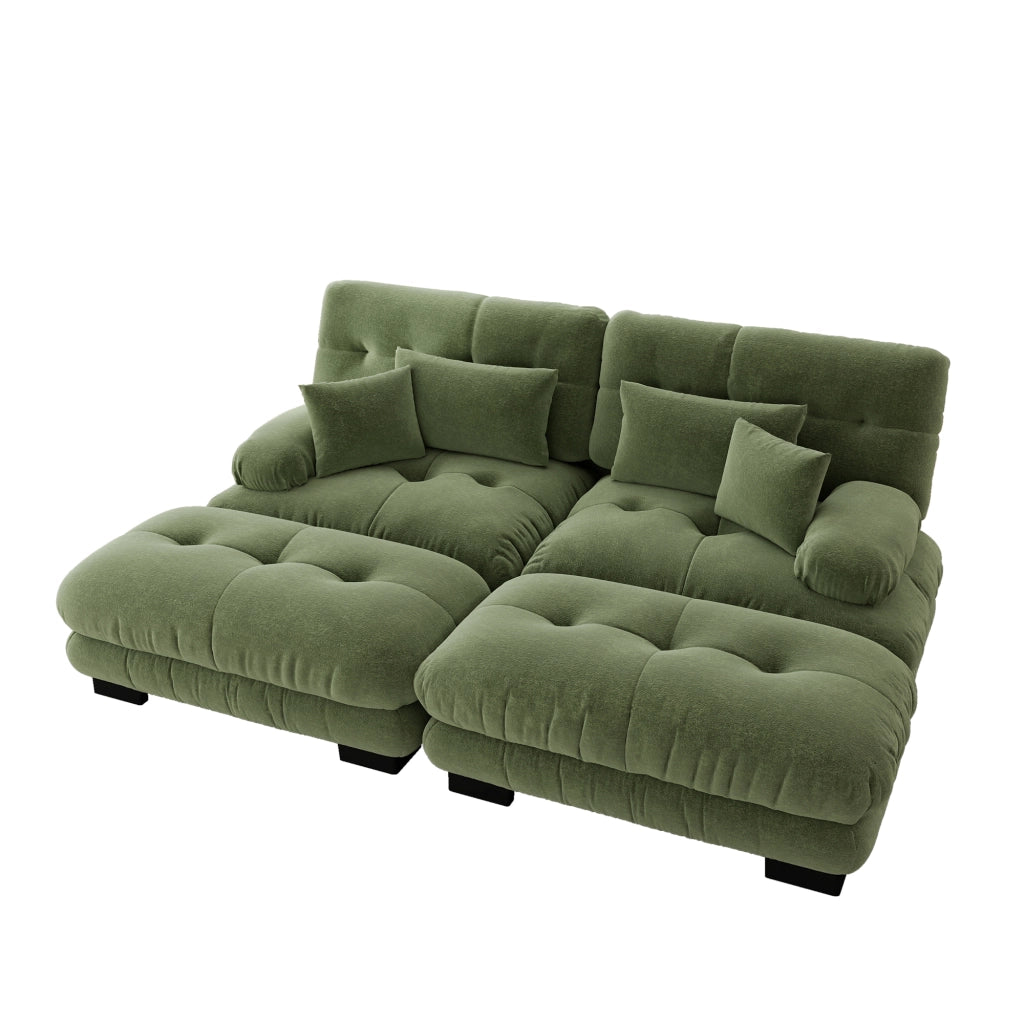 Divano modulare con pouf mobili; seduta profonda e cuscini lombari; in ciniglia verde
