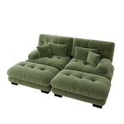 Divano modulare con pouf mobili; seduta profonda e cuscini lombari; in ciniglia verde