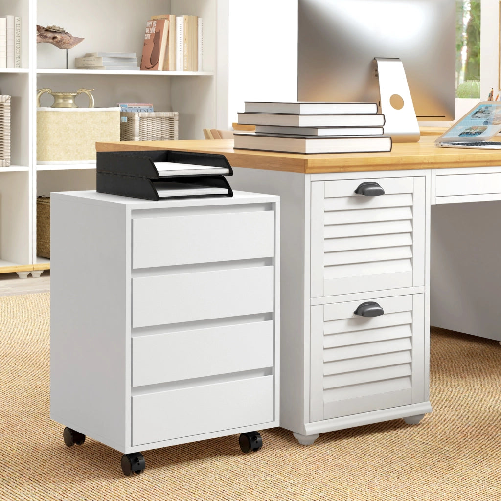 Cassettiera da Ufficio 46x40x65 cm con 4 Cassetti e Ruote con Freno in Legno MDF Bianco