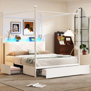 Letto matrimoniale 140 × 190 cm con contenitore, 3 cassetti, LED, USB e Type-C, senza materasso, bianco