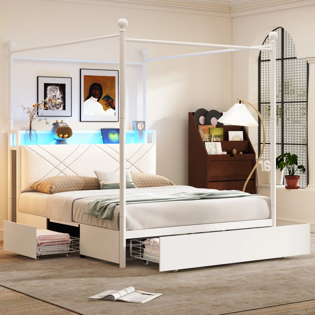 Letto matrimoniale 140 × 190 cm con contenitore, 3 cassetti, LED, USB e Type-C, senza materasso, bianco