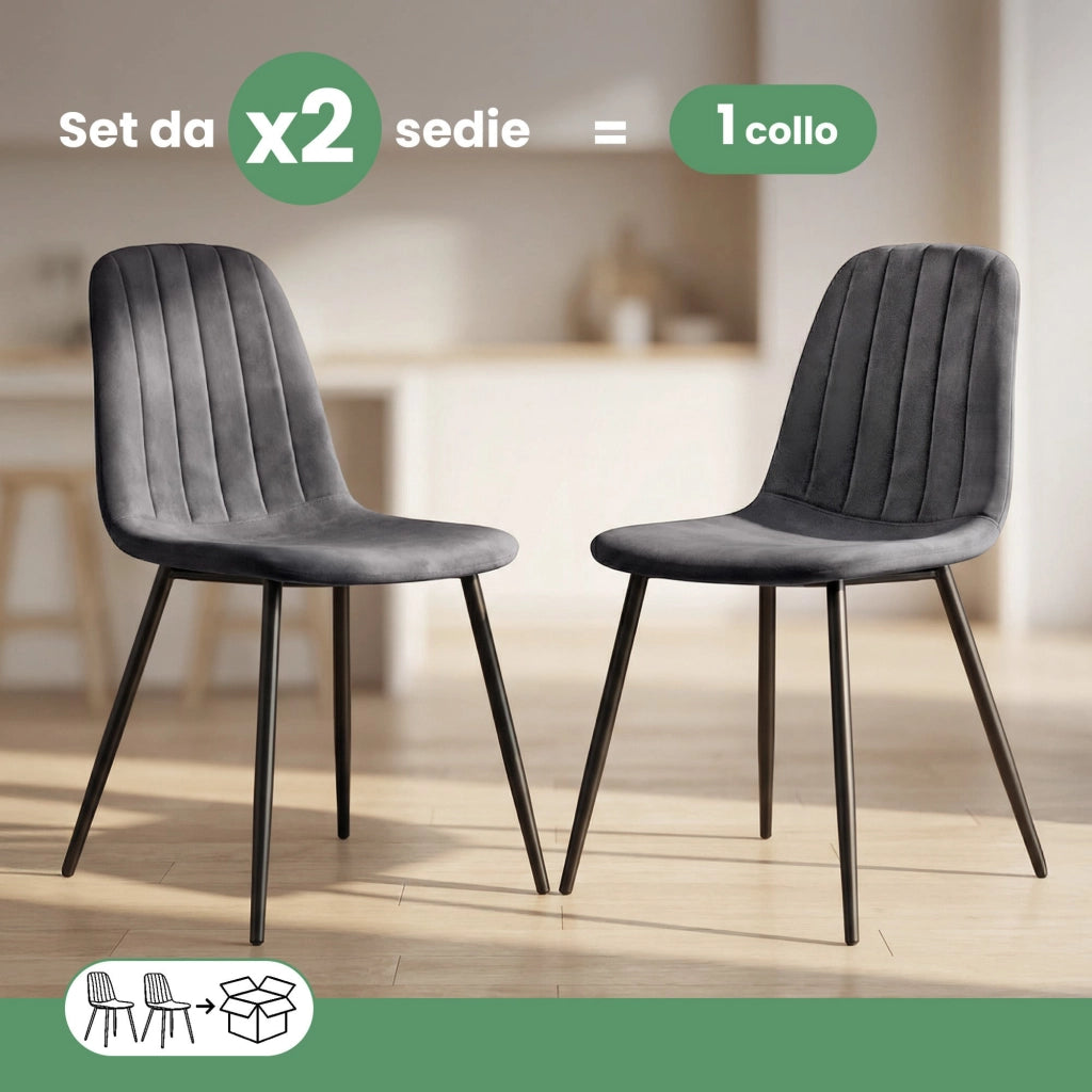 Set di 2 Sedie in velluto trapuntate LUMO Grafite Scuro gambe nere