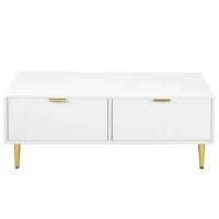 Tavolino da Salotto Moderno con 2 Cassetti e Design a Righe Verticali, 100x50x40 cm - Tavolino da Divano, Bianco+Oro