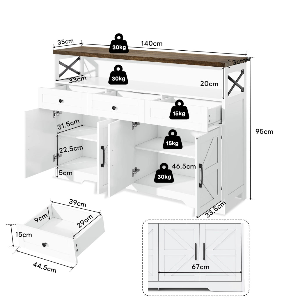 Credenza 140x35x95 cm Bianca e Marrone con 3 Cassetti; 2 Armadietti e Vano Aperto; Stile Country