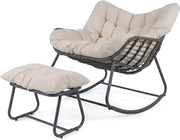 Poltrona a Dondolo con Poggiapiedi, Sedia a Dondolo da Interno ed Esterno, Poltrona Relax in Rattan con Cuscini Rimovibili per Soggiorno, Balcone e Giardino, Portata 150 kg (Beige)