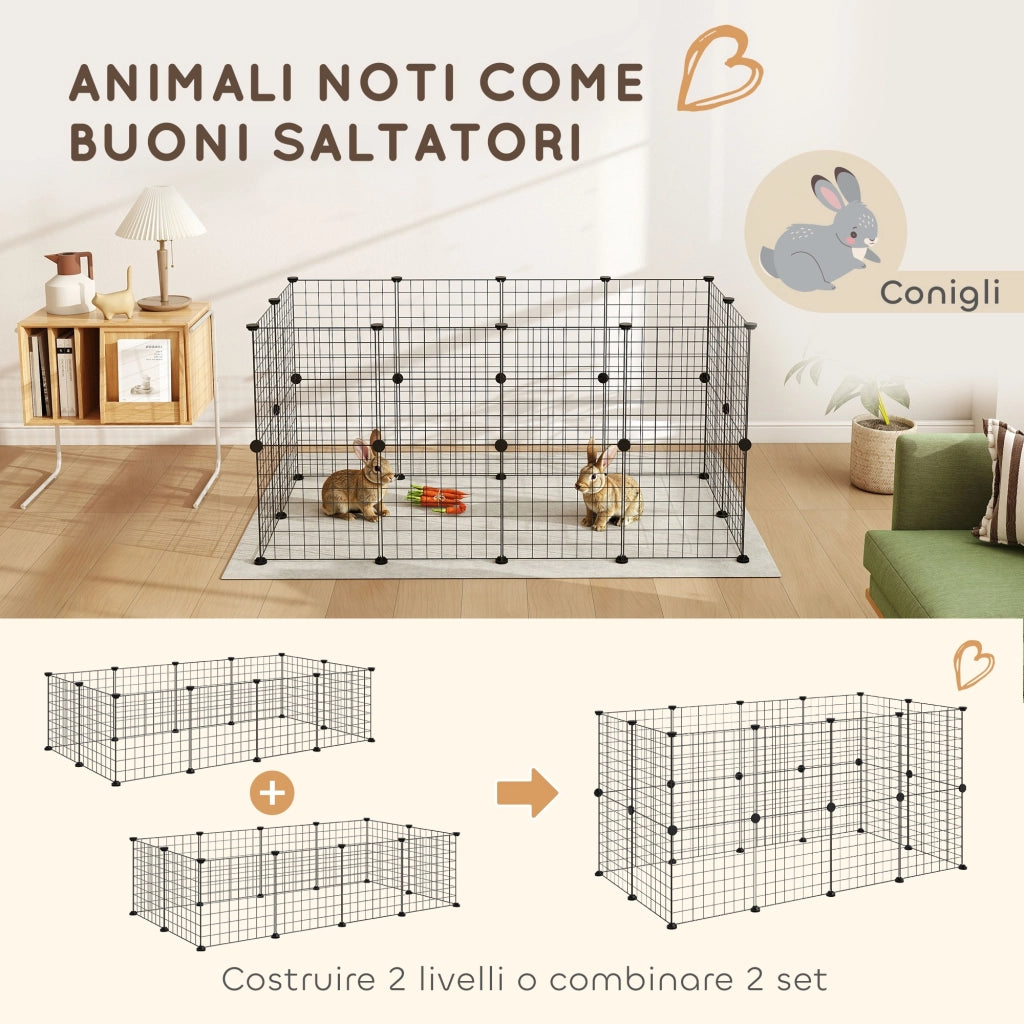 EasyComfort Recinto per Animali di Piccola Taglia Modulabile con Pannelli e Accessori, Gabbia per Ricci da Interno in Metallo, per Porcellini d'India e Ricci, 106x73x36 cm, Nero