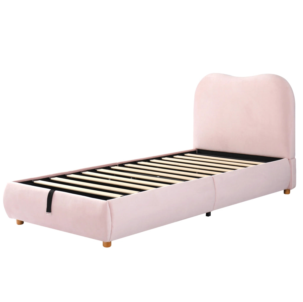 Letto imbottito per bambini in velluto rosa con contenitore idraulico e rete a doghe
