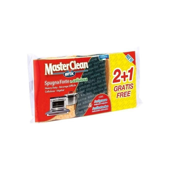 Arix 1 127823 MasterClean Spugna Abrasiva Forte in Cellulosa Vegetale Antibatterica Antigrasso 3 pz