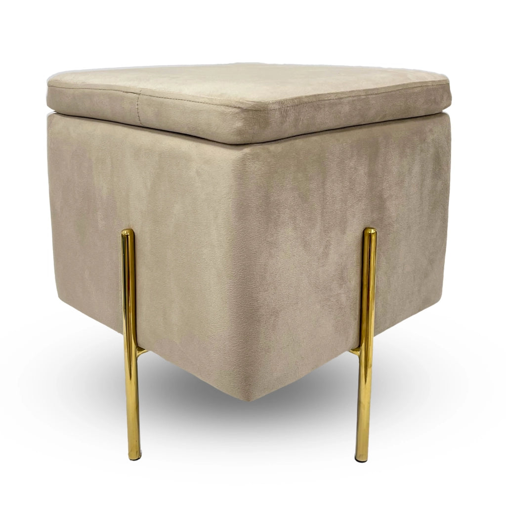 Pouf Contenitore in Velluto con Gambe in Metallo Oro – Poggiapiedi Moderno ed Elegante per Soggiorno, Camera e Ingresso Tortora