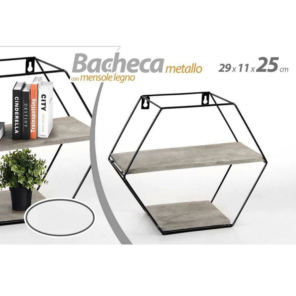 Trade Shop - Bacheca Porta Oggetti Metallo Esagonale Parete 2 Mensole Legno 29x11x25cm 751981 -
