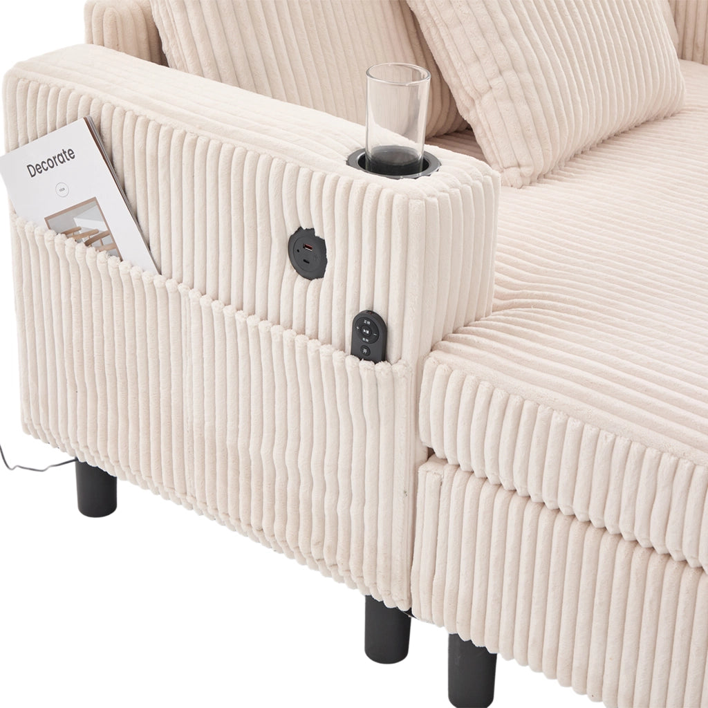Poltrona relax oversize in corduroy beige con LED, porta USB, portabicchieri e struttura in legno massello