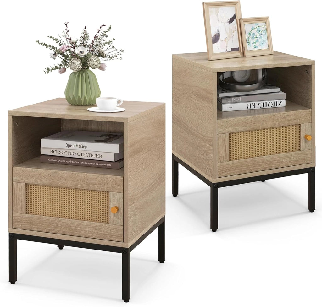Comodino con porta in rattan, tavolino comodino con ripiano aperto e armadio, console notturna, 40 x 40 x 57 cm, per camera da letto, soggiorno (1)