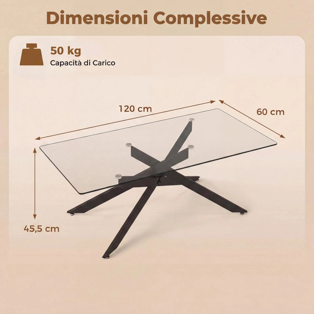 Tavolo da Caffè, Tavolino Salotto in Vetro Temperato con Gambe Incrociate in Metallo Placcato e Piedini Regolabili Antiscivolo, per Soggiorno e Ingresso, 120 x 60 x 45,5 cm (Nero)