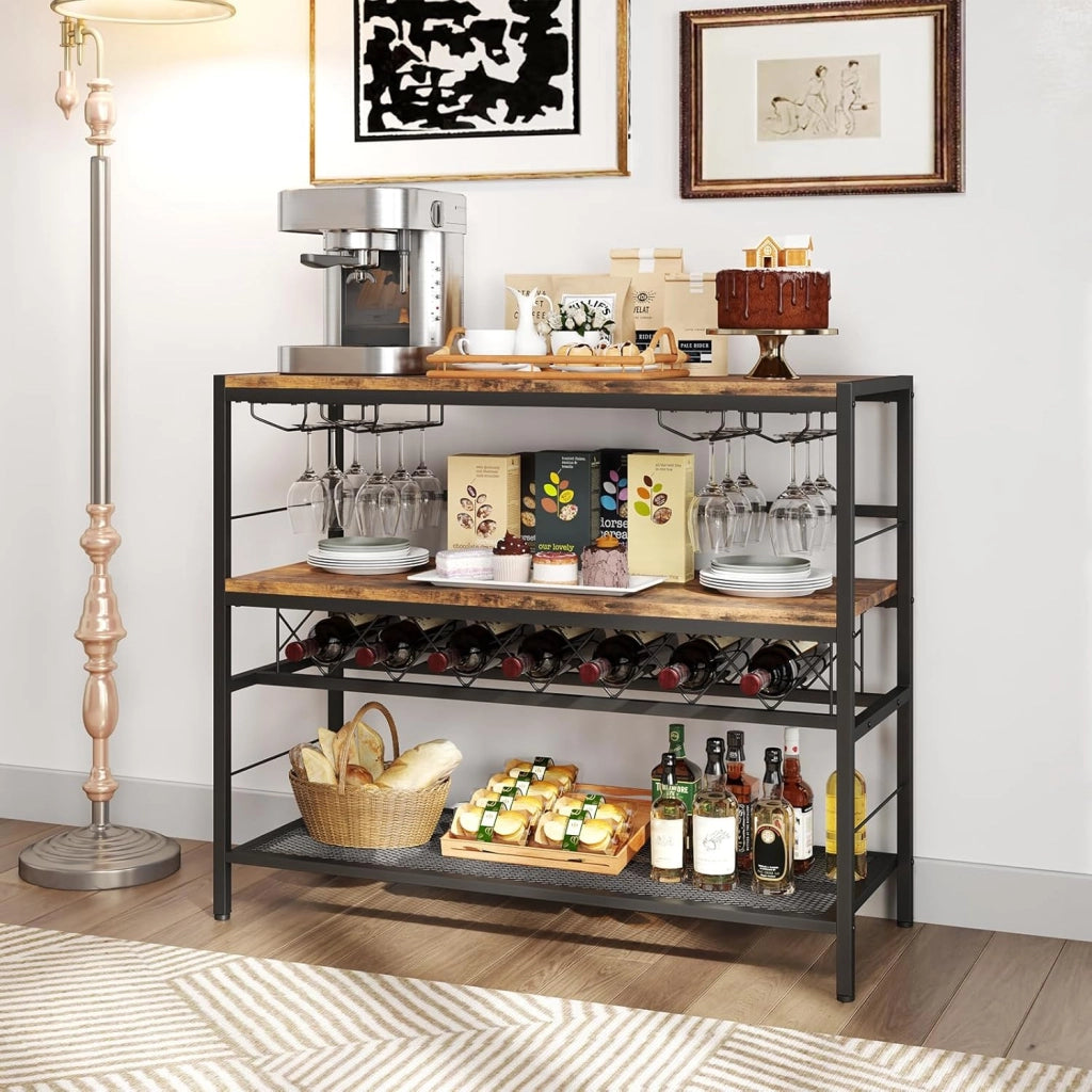 Mobile Bar Centrale con 4 Ripiani, Capacità per 7 Bottiglie e 16 Bicchieri, con 3 Scomparti Aperti e Piedini Regolabili, Adatto per Cucina e Bistrot, Marrone