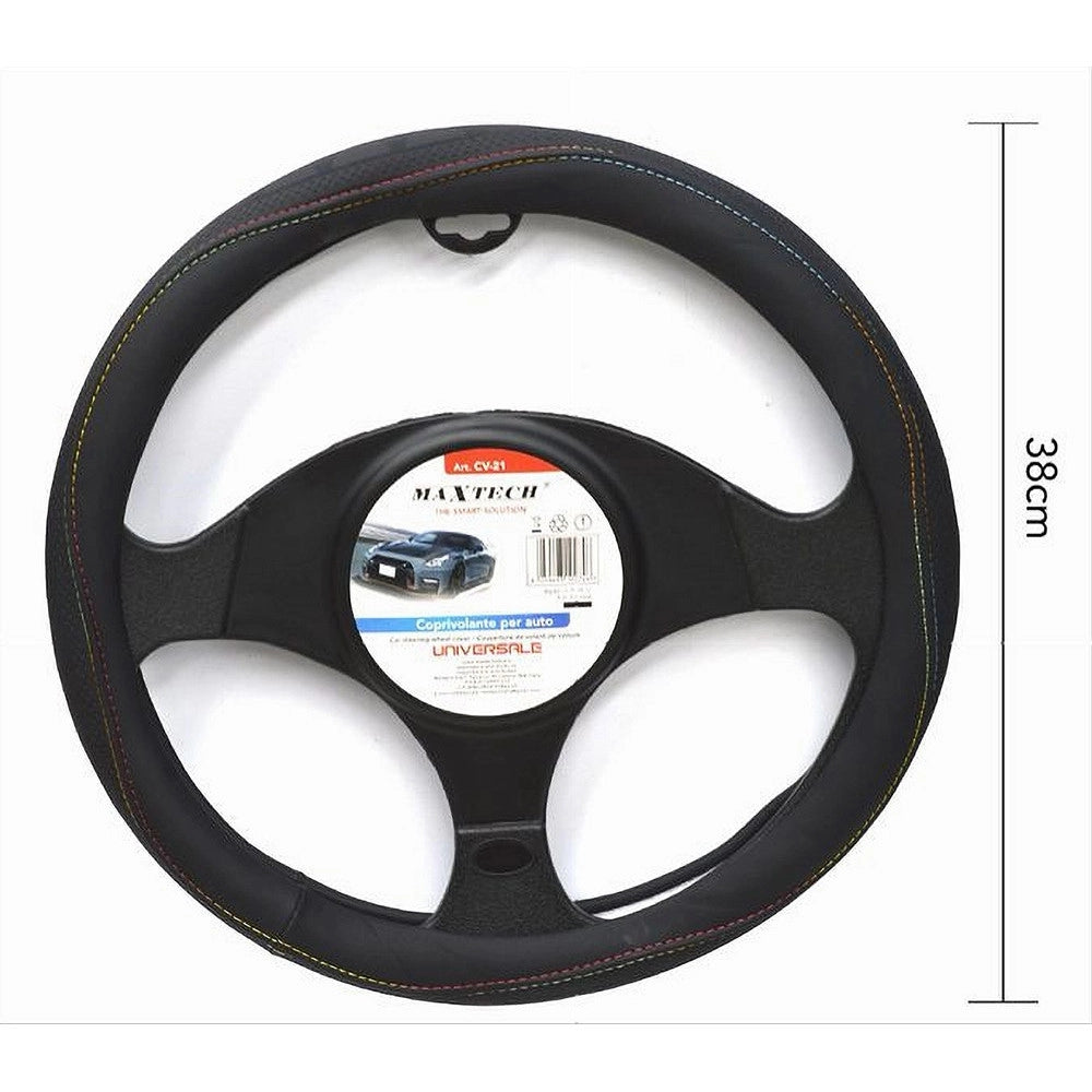 Trade Shop - Coprivolante Universale Auto Fodera Sterzo 38cm Nero Con Cuciture Colorate Cv-21 -