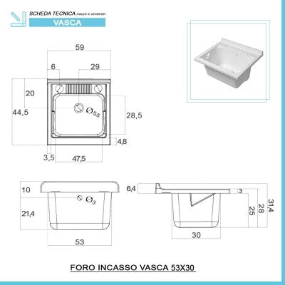 Vasca lavatoio 60x45 cm in resina bianca con pre fori per rubinetto