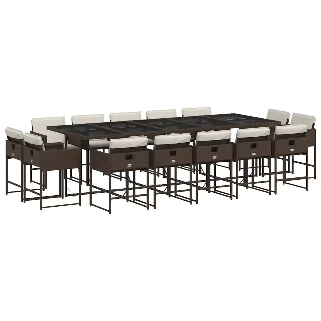 Set da Pranzo da Giardino 15 pz con Cuscini Marrone Polyrattan