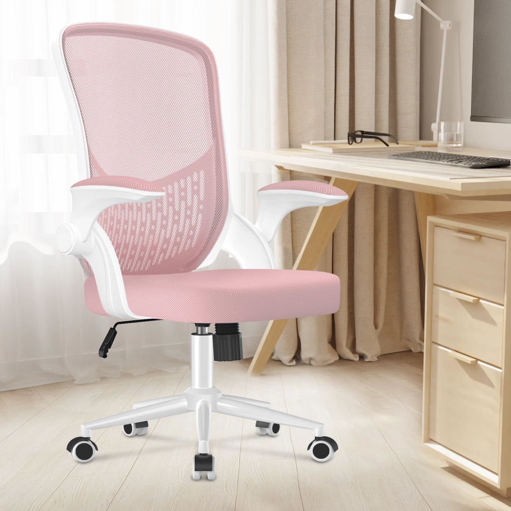 Sedia da ufficio con braccioli -  Sedia da ufficio ergonomica - Su ruote - Sedia girevole regolabile in altezza - Bianco rosa