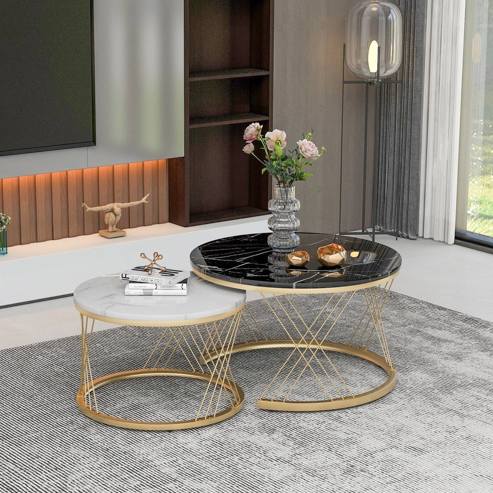 Tavolini da Salotto Set 2 Pezzi Rotondi ¨C MINIMAL ¨C Piano Effetto Marmo, Struttura Metallo Dorato