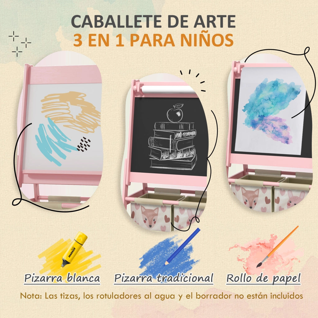 Cavalletto per Bambini 3 in 1 ¨C Xylo ¨C Doppia Faccia con Rotolo Carta e 2 Cestini, Rosa 54x46,5x93cm