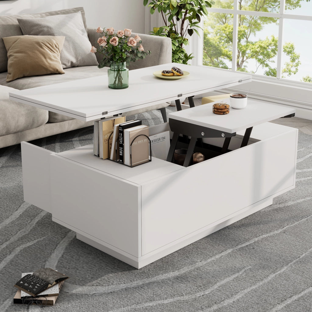 TAVOLINO DA CAFFÈ 100x50x43 cm Bianco in pannello di legno con doppio piano ribaltabile