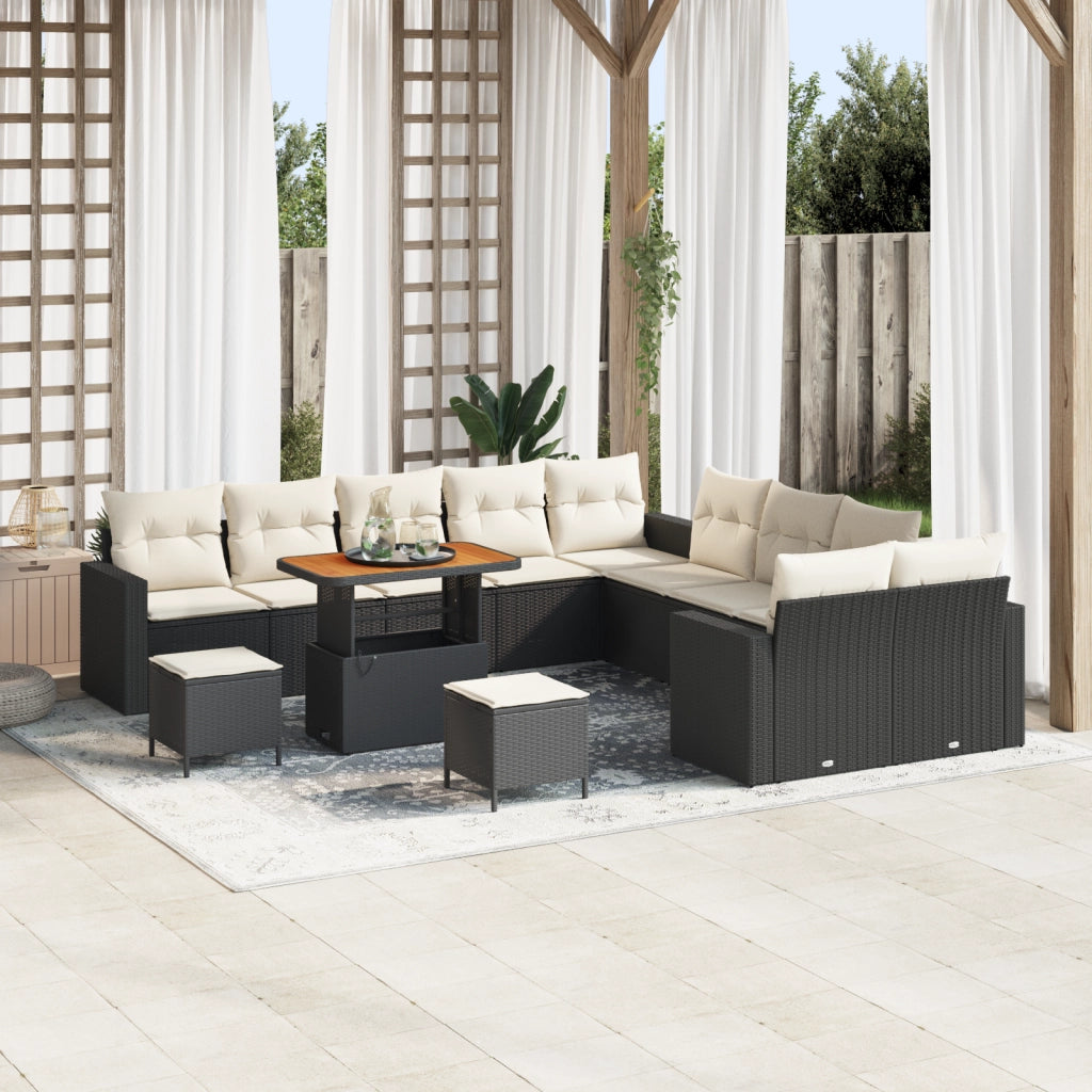 Set di Divani da Giardino a 13 Pezzi con Cuscini Nero Polirattan Acacia