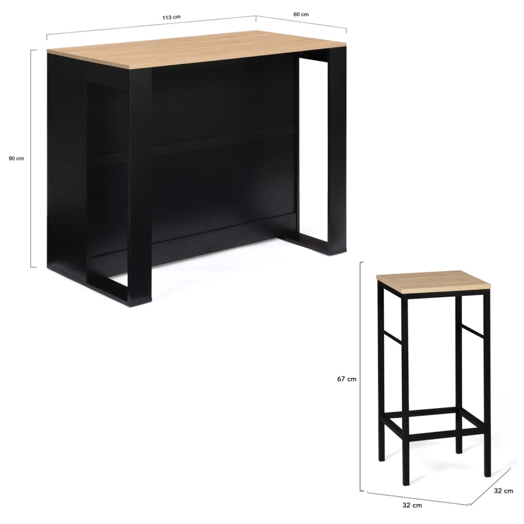 IDMarket - Set di tavoli da bar a isola in legno nero JUNO con piano in faggio e 2 sgabelli da bar DETROIT