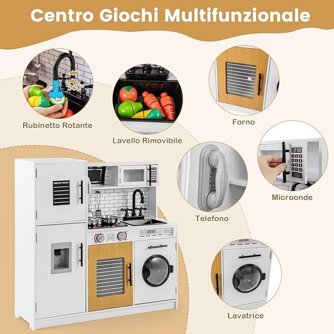 Cucina Giocattolo per Bambini, Cucina Legno per Bambini con Forno, Microonde, Lavatrice, Telefono, Lavello Rimovibile e Rubinetto Rotante, con Luci e Suoni, per Bambini di 3+ Anni (Bianco)