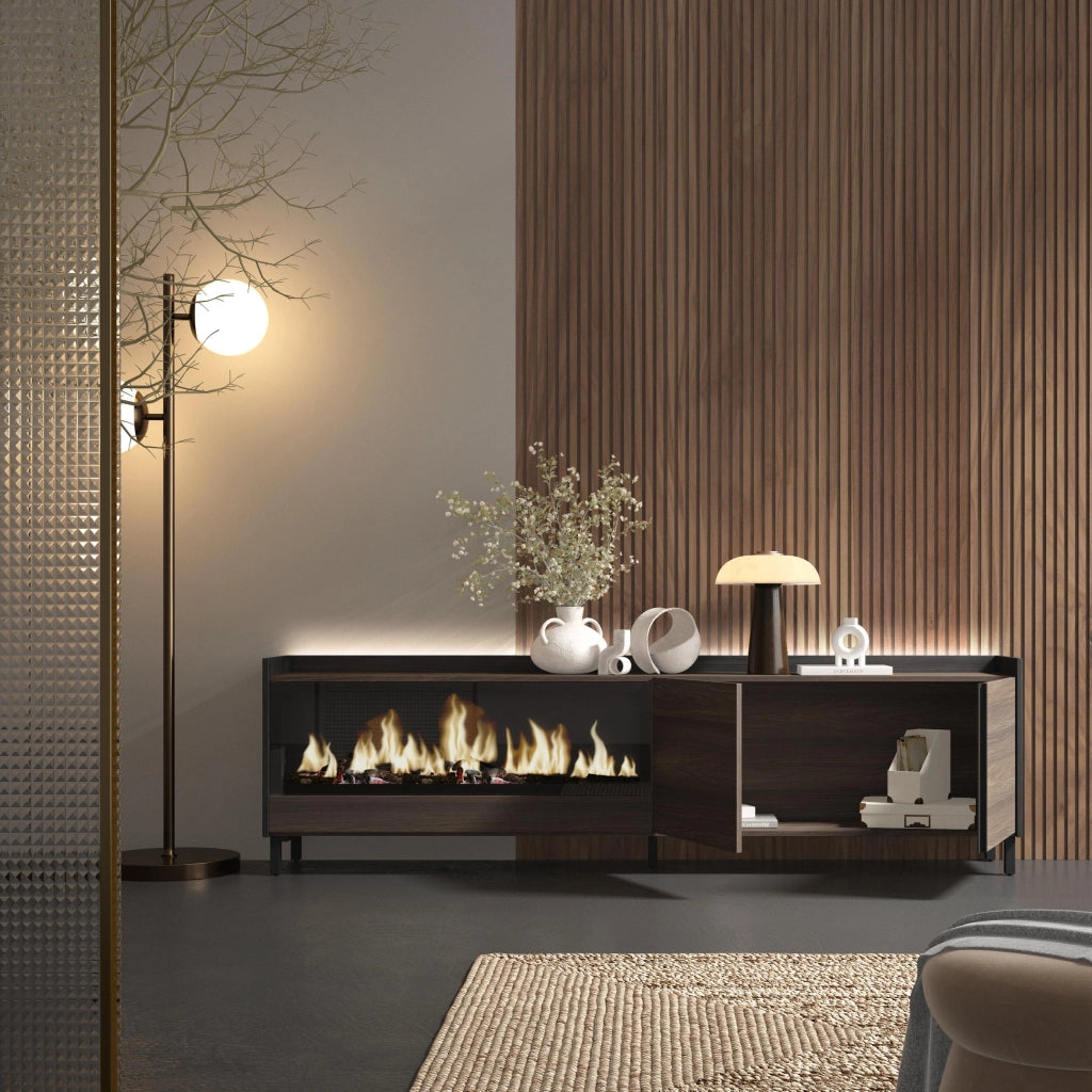 Mobile TV Soggiorno, 212x61x35 cm, Per TV fino a 80", Camino elettrico XXL, Design industriale, LED, Rovere scuro e Nero