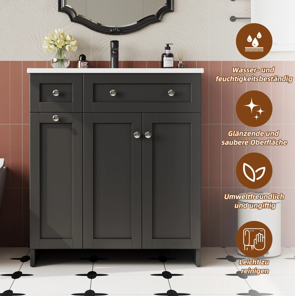 Mobile bagno freestanding nero con lavabo in ceramica, 3 cassetti e anta, 76x47x86 cm