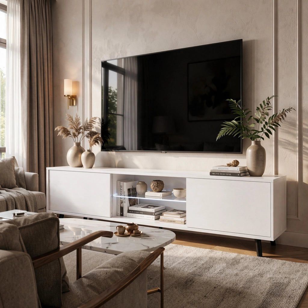 Mobile TV In Melaminico Con 2 Ante Battenti Vano Centrale Con Ripiano In Vetro E LED Piedini In Metallo Per Soggiorno Salotto Zona Living 140 X 31.5 X 40 Cm Bianco