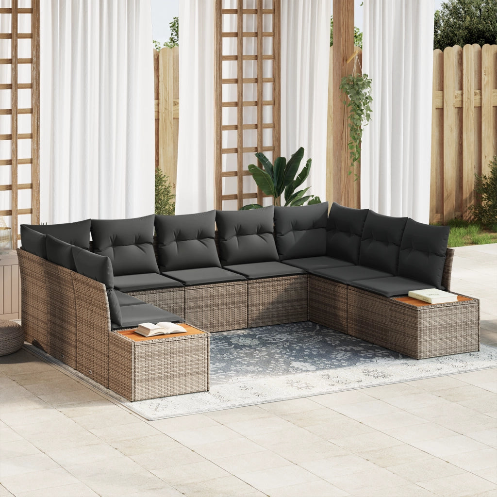 Set divano da giardino 9 pezzi con cuscini Grigio Polyrattan Acacia