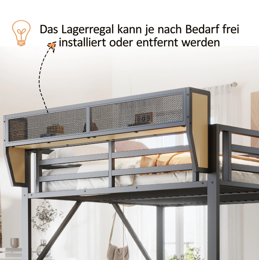 Letto a soppalco in metallo 140 x 200 cm con scrivania; ripiani; LED e prese; nero