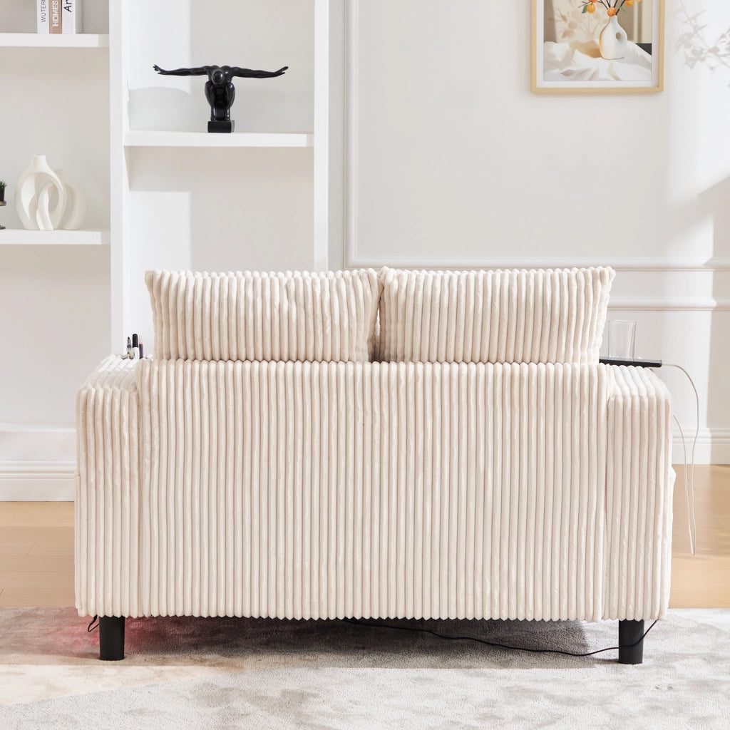 Poltrona Chaise Longue con LED; Porte USB e Portabicchieri; in Velluto a Coste Beige; 142 × 128 × 85 cm