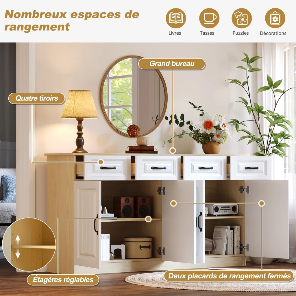 Credenza con 4 ante; 4 cassetti e ripiani regolabili per cucina in MDF 160 x 35 x 80 cm - bianco e naturale