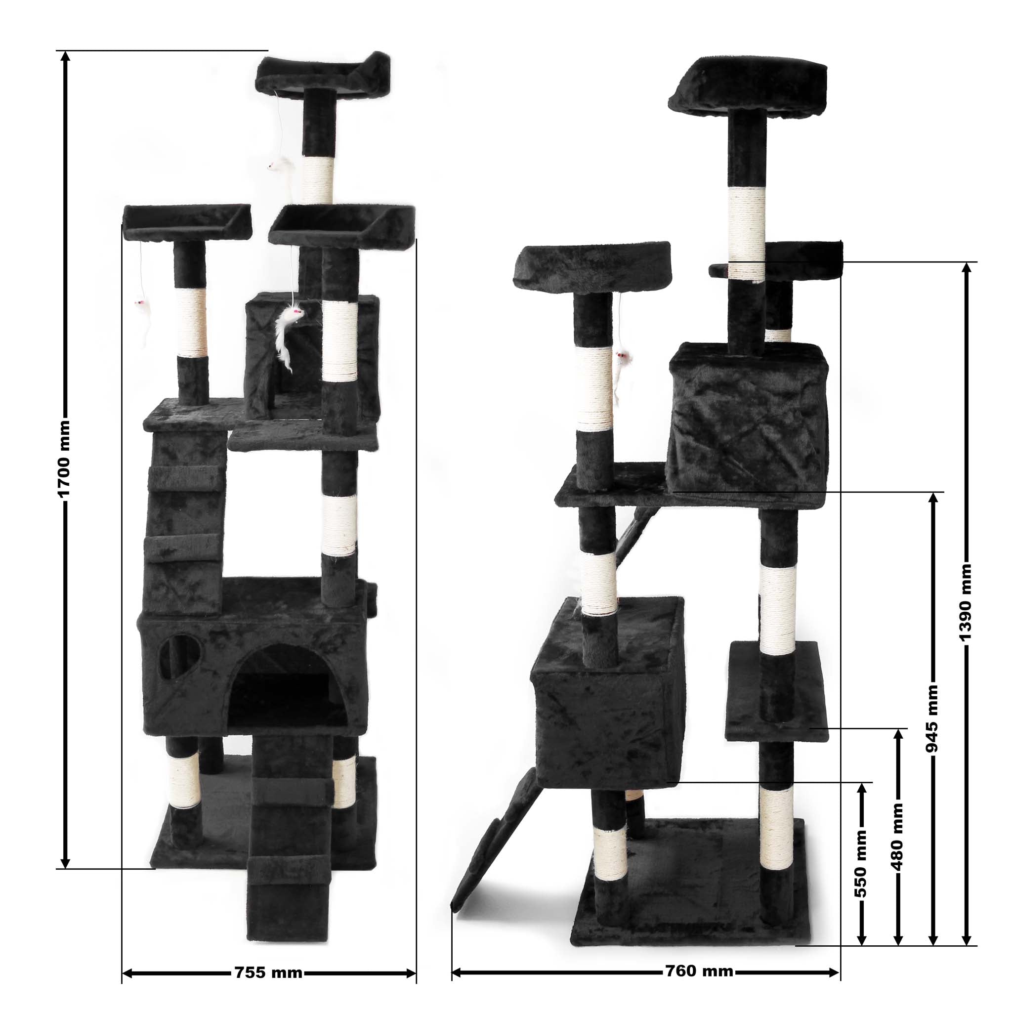 Albero tiragraffi nero 170 cm con piattaforme, cuccette e scale